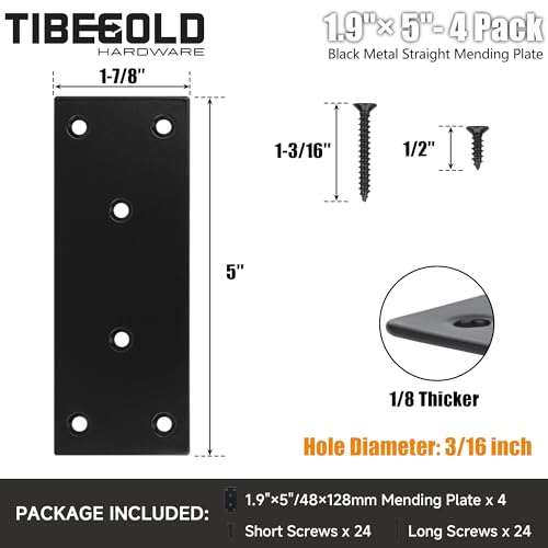Mending Plate, Black Metal Flat Straight Brace Bracket, Double-Wide Metal Plate, Joining Plate for Wood Furniture Fence Fastening with Screws in 2 Different Lengths (48x128mm, 4 Pack) - size: 1.9"×5"/48*128mm