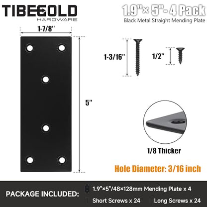 Mending Plate, Black Metal Flat Straight Brace Bracket, Double-Wide Metal Plate, Joining Plate for Wood Furniture Fence Fastening with Screws in 2 Different Lengths (48x128mm, 4 Pack) - size: 1.9"×5"/48*128mm