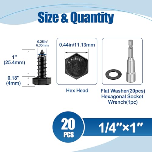 1/4″×1″ Hex Head Lag Screws (20 Sets), 304 Stainless Steel 18-8, Black, Heavy Duty Lag Bolts Wood Screws, with Flat Washer, Containing 1 Hexagonal Socket Wrench
