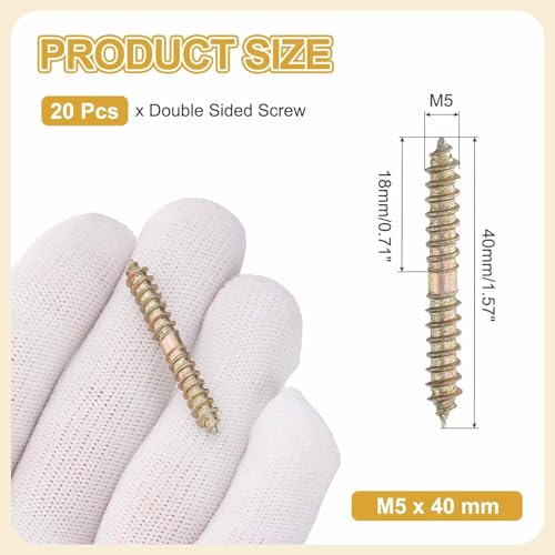 MECCANIXITY 20 Pcs Double Ended Screws, M5 x 40 mm Carbon Steel Hanger Bolts, Self-Tapping Wood Dowel Screws for Wood Joint Furniture, Color Zinc - size: M5 x 40 mm