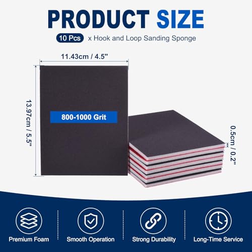 10Pcs 800-1000Grit Sanding Sponges, 5.5x4.5In Hook & Loop Black - size: 800-1000 Grit