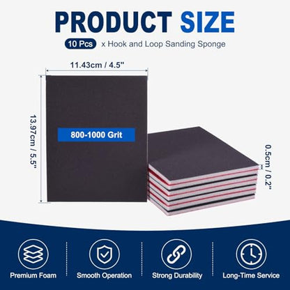 10Pcs 800-1000Grit Sanding Sponges, 5.5x4.5In Hook & Loop Black - size: 800-1000 Grit