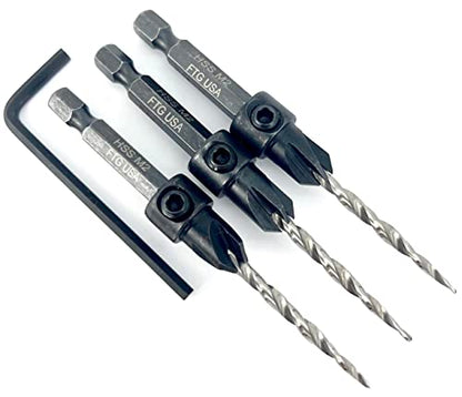 FTG USA #6 (9/64") Wood Countersink Drill Bit 3-Pc Set with Hex Key - size: #6, style: 3 Pc w/o Depth Stop