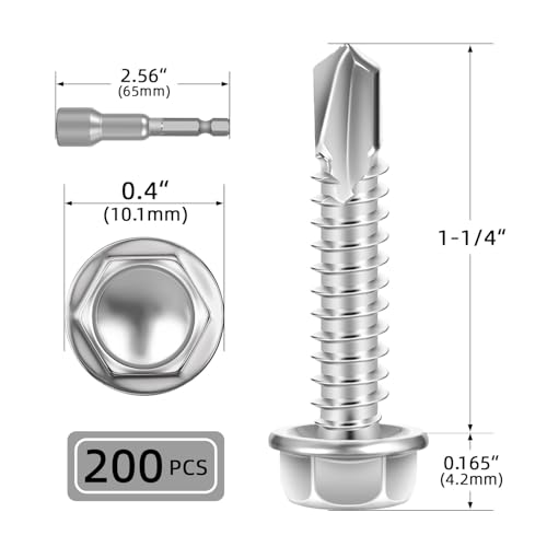 #10 x 1-1/4" (200 PCS) Sheet Metal Screws, Hex Washer Head Self Drilling Screw, 410 Stainless Steel Flanged Fast Self Tapping Screws - size: #10 x 1-1/4"