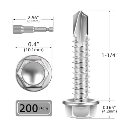 #10 x 1-1/4" (200 PCS) Sheet Metal Screws, Hex Washer Head Self Drilling Screw, 410 Stainless Steel Flanged Fast Self Tapping Screws - size: #10 x 1-1/4"