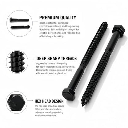 1/2" x 4" Hex Head Lag Screws (4 Pcs) with Washers – Heavy Duty Black Oxide 304 Stainless Steel Bolts 18-8, Wood, Roofing & Construction (Partial Thread) - size: 1/2"x4"