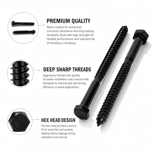 1/2" x 3" Hex Head Lag Screws (5 Pcs) with Washers – Heavy Duty Black Oxide 304 Stainless Steel Bolts 18-8, Wood, Roofing & Construction (Partial Thread) - size: 1/2"x3"