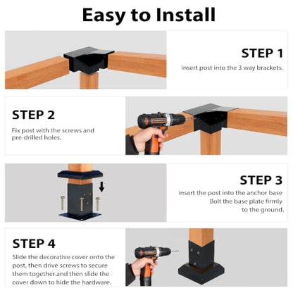 4 PCS Pergola Angled Corner Brackets with 4 Post Bases & Covers - size: 12-Pc Lean-To Kit: 4P Corner+4P Base&Cover
