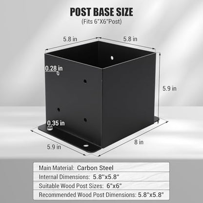 4-Pack 6x6 Post Base Brackets, Metal Anchors with Hardware for Decks - color: Black 4 PCth Interior Base)