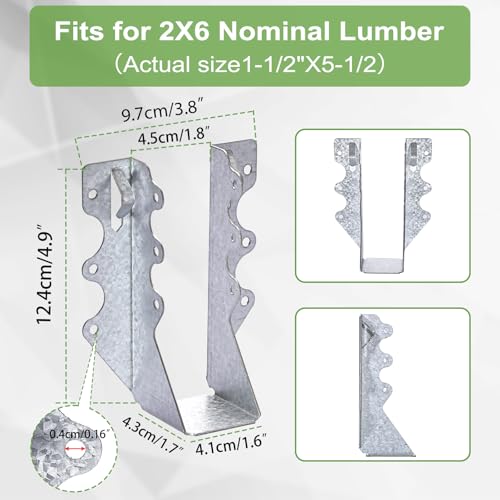 55 PCS 2x6 Steel Joist Hangers, 20 Gauge Galvanized Brackets for Wood