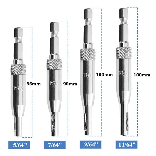 4 Pieces Self-Centering Hinge Drill Bits, HSS Door Self-Centering Hinge Hole Opening Drill Bit Set with Allen Key, 5/64", 7/64", 9/64", 11/64"