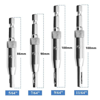 4 Pieces Self-Centering Hinge Drill Bits, HSS Door Self-Centering Hinge Hole Opening Drill Bit Set with Allen Key, 5/64", 7/64", 9/64", 11/64"
