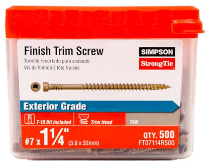 Simpson Strong-Tie FT07114R500 Finish Trim Screw - #7 x 1-1/4 in. T10 6-Lobe Driver, Quik Guard Coating, Sawtooth Point, Minimal Fastener Visibility, Tan (500-Qty)