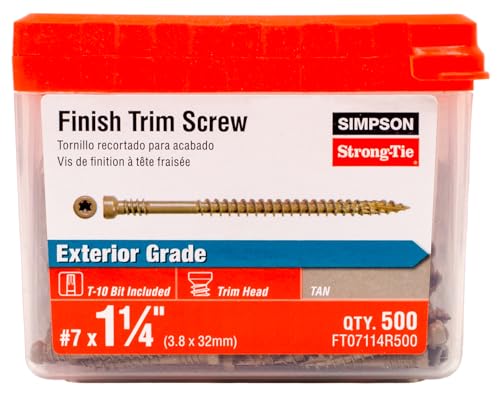 Simpson Strong-Tie FT07114R500 Finish Trim Screw - #7 x 1-1/4 in. T10 6-Lobe Driver, Quik Guard Coating, Sawtooth Point, Minimal Fastener Visibility, Tan (500-Qty)