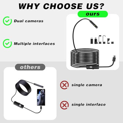 Dual-Lens Endoscope Camera with Light, 1080P HD Borescope with 8 LED Lights