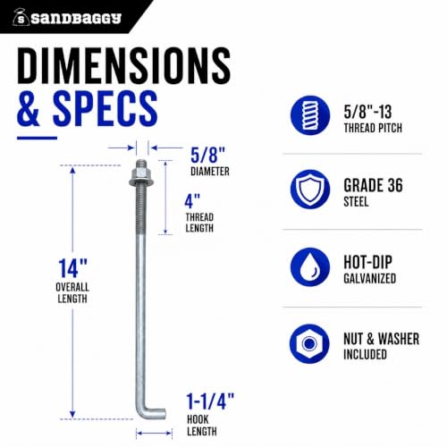 Sandbaggy 5/8" x 14" Threaded Concrete Anchor L-Bolts (Nuts & Washers Included) - Hot Dipped Galvanized - Sill Plate, Base Plate, Masonry, Wood, Cement Anchors, J Bolt (10, 5/8” x 14”) - size: 5/8” x 14”