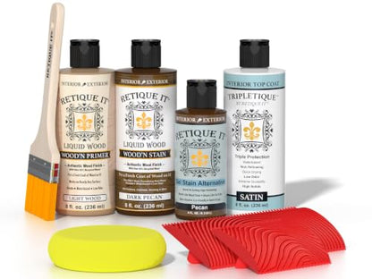 Retique It Wood Finish Tabletop Kit – Go Beyond Faux Wood Including Paintable Liquid Wood Based Primer, Gel Stain - Graining Tools Included (Tabletop Kit, Dark Pecan) - color: 60 Dark Pecan, size: Tabletop Kit