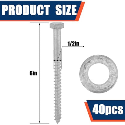 Tandefio 40 Pack 1/2'' X 6'' Lag Screw Bolts with Washer Galvanized - size: 1/2'' x 6''