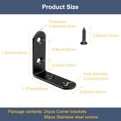 24 Pcs Black L Bracket 1.57 Inch Stainless Steel Corner Braces, 40x40mm Metal Shelf Bracket for Wood, Shelves, 90 Degree Support Joint Right Angle Brackets - size: Black 1.57inch x 1.57inch