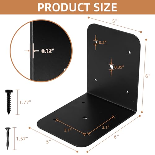 4 Pack 5" Black Corner Brackets Support, 6" x 6" x 5" Heavy Duty L Right Angle Bracket Corner Brace for Timber Wood Furniture Connector