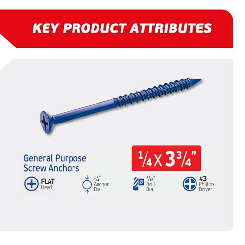 1/4 x 3-3/4" Countersunk Phillips Flat Head Blue Concrete Screw Anchors (100 pcs Screw Kit) with one Screwdriver and Drill Bit for Concrete, Masonry, Block, Brick and Wood Fastening - size: 1/4 x 3-3/4 in