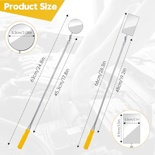 2Pcs Bendable Inspection Mirror – Square & Round Heads for Mechanics,Yellow - color: Yellow