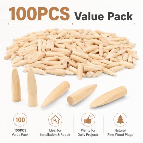100PCS Solid Wood Pocket Hole Plugs, 3/8 Inch Pocket Screw Jig Plugs Pine Wood Plugs Woodworking Tool for Pocket Hole Jig Accessories, Various Woodworking Projects