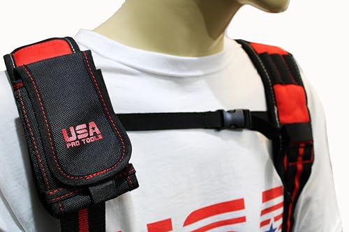 28-Pocket Tool Belt with Suspenders & Phone Holder – Heavy Duty Framer’s Rig Tool Apron for Electricians, Carpenters, Technicians – Adjustable Work Belt with Magnetic Tool Holder – Black/Red