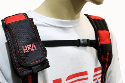 28-Pocket Tool Belt with Suspenders & Phone Holder – Heavy Duty Framer’s Rig Tool Apron for Electricians, Carpenters, Technicians – Adjustable Work Belt with Magnetic Tool Holder – Black/Red