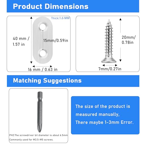 16 Pack Flat Plate Straight Brackets 40MM Stainless Steel Flat Metal Braces,Repair Bracket with Screws - size: 40mm / 16 Pcs