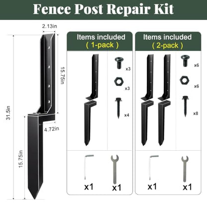 Fence Post Repair Kit,Quick Fix Broken/Leaning 4x4/6x6 Wood Posts, Heavy Duty Fence Post Anchor Ground Stakes for Repair Tilted, Broken Wood Support(Heavier at 4.2 lbs, 1-Pack)
