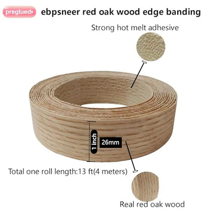 Real Red Oak Wood Veneer Edge Banding Tape,1''×13' Preglued Iron On Edging Band Roll with Self Hot Melt Adhesive,Prefinished Flexible Edgebanding Strip for Laminate Furniture Cabinet Repair - style: Red Oak