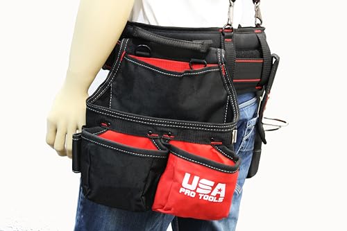 28-Pocket Tool Belt with Suspenders & Phone Holder – Heavy Duty Framer’s Rig Tool Apron for Electricians, Carpenters, Technicians – Adjustable Work Belt with Magnetic Tool Holder – Black/Red