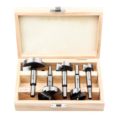 HPHOPE Forstner Bit Set 5Pcs - Forstner Bits for Wood, Wood Drilling with Round Shank, Drill Accessories, Size 1", 1-3/8", 1-1/2", 2", 2-1/8" with Storage Case - size: 5 Pcs Set
