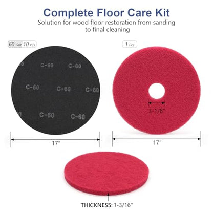 HUAALIUCHE 17" Sanding Screen Discs - Mesh Floor Sanding Screen - 60 Grit Black Silicon Carbide - for Wood Floors (10 Pack)+1-Piece Buffer Floor Pad - size: 17 inch, style: #60-10Pack+1Pad