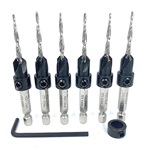 FTG USA 6Pc #6 (9/64") Parabolic Hex Shank Wood Countersink Drill Bit Set - style: #6 (9/64") 6 Pc Hex Shank