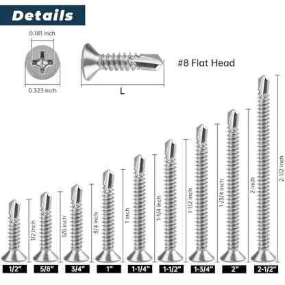 Glvaner 60pcs #8 x 1-1/2" Phillips Flat Head Self Drilling Screws, Stainless Steel 410, Flat Head Self Quick Self Tapping Screws for Sheet Metal Wood Plastic, Without Pre-drilled Holes - size: #8 x 1-1/2