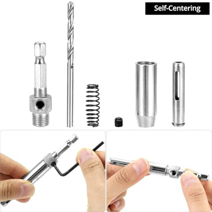 QWORK Self Centering Drill Bit Set, 17 Pcs 1/4" Hex Shank Hinge Hole Drilling Tool for Woodworking Window Door Cabinet Hinge