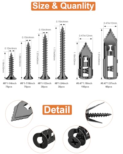 Metal Self Drilling Drywall Anchors with Screws Kit with Bit and Level - color: Black-420Pcs