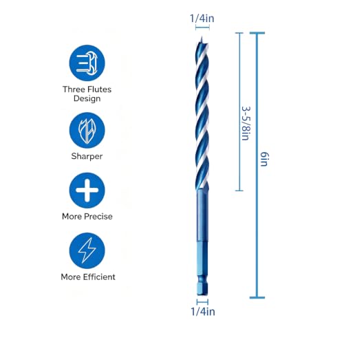 Auger Wood Drill Bit 1/4" x 6" x 2 Packs, Tri-Flute, 1/4 Inch Quick Change Hex Shank - size: 1/4" x 6" x 2Pcs
