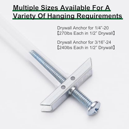 Drywall Anchor with Included Bolts for 1/4-20 Fastener Size, Wall Anchors Drywall Heavy Duty for TV Mounting, Hollow-Wall Anchors Screws Kit Holds Up to 270 Pounds Each in 1/2-in Drywall-100 Pack - size: 1/4"-20：Pack of 100