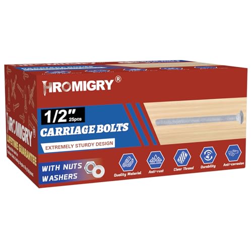 1/2" x 5" Carriage Bolts (25 PCS), Hot Dip Galvanized, Heavy Duty Round Head with Washers and Nuts - size: 1/2" x 5"