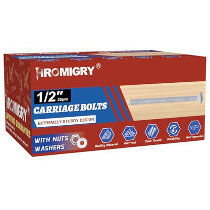 1/2" x 5" Carriage Bolts (25 PCS), Hot Dip Galvanized, Heavy Duty Round Head with Washers and Nuts - size: 1/2" x 5"