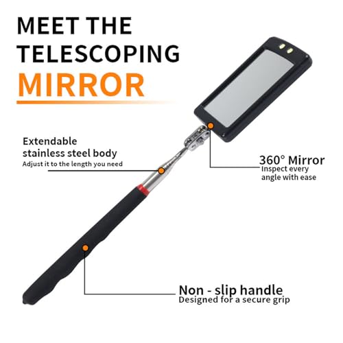 Extendable Inspection Mirror, 360-Degree Rotation LED Inspection Mirror - size: 1 Pack