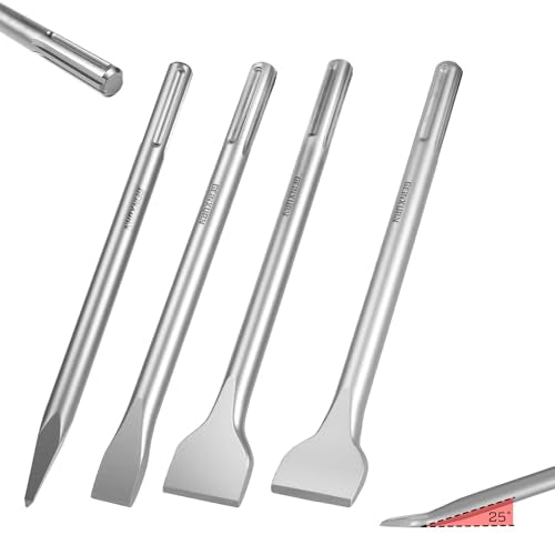 GEINXURN SDS MAX Chisels, 4PCS 12-Inch Long Masonry Chisel Bit Set, 40Cr Steel Point, Flat, Wide, Bent Chisels for Concrete Stone Tile Floor Removal - color: 4 Pcs Sds Max Chisel Set