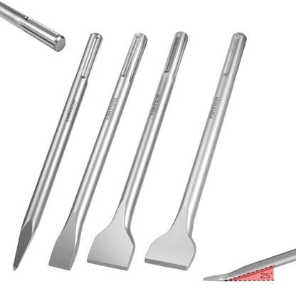 GEINXURN SDS MAX Chisels, 4PCS 12-Inch Long Masonry Chisel Bit Set, 40Cr Steel Point, Flat, Wide, Bent Chisels for Concrete Stone Tile Floor Removal - color: 4 Pcs Sds Max Chisel Set