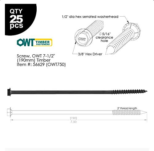 OZCO Timber Screws, 1/4in x 7-1/2in, 25 Pieces, Black - size: 25 Pack, style: 1/4" x 7-1/2"