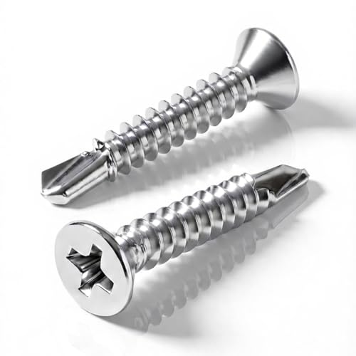 #6 x 1 (100 Pack) Flat Head Phillips Drive Sheet Metal Screws, Stainless Steel 410 Self Drilling Screws,Countersun Head Fast Self-Tapping Screws for Metal, Plastic, Wood