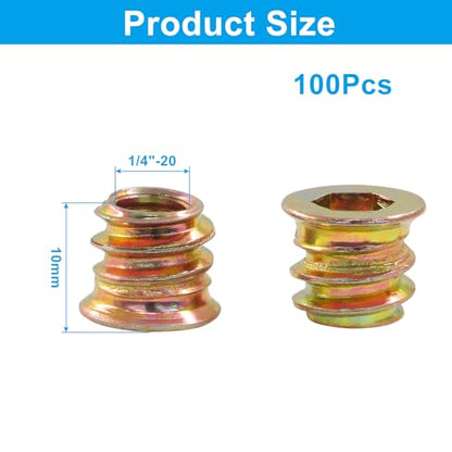 50 Pcs 1/4"-20 x 10mm Threaded Inserts for Wood - size: 1/4"-20 x 10mm