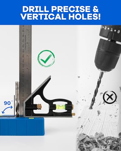Drill Block Guide Set for Straight Holes with Drill Bits & Stop Collars – Complete Kit with 9 Brad Point Bits, 6 Depth Collars, Case, Guide Blocks for Woodworker Drilling Holes & DIY Projects